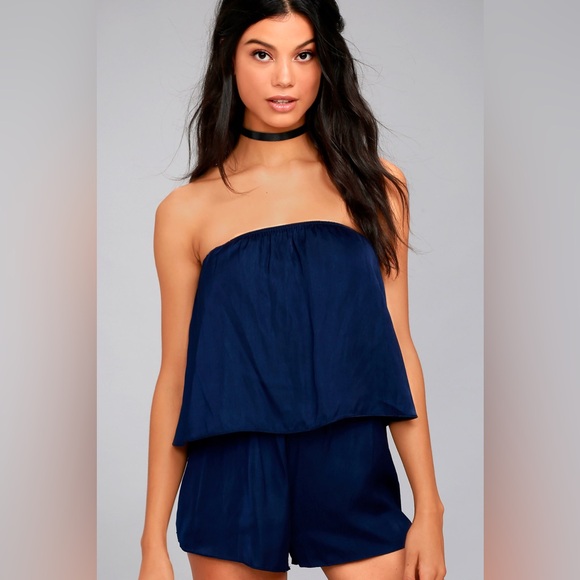 Lulus‎ Catia Navy Blue Satin Strapless Romper - Picture 1 of 11